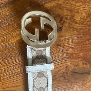 GUCCI GG Interlocking Belt 80.32 Canvas Leather Beige